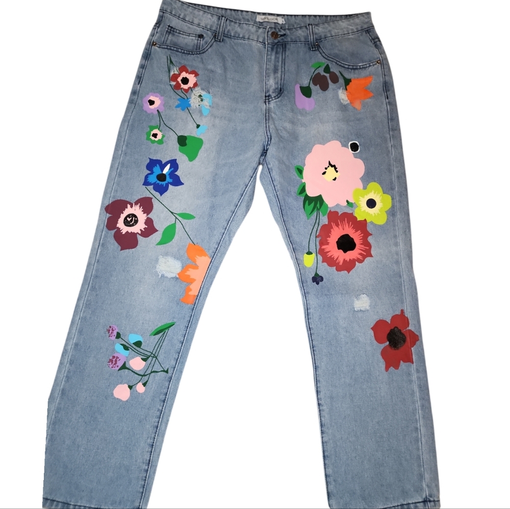 Y2K🔮MISSLOOK DENIM HAND PAINTED FLORAL STRAIGHT LEG JEANS Sz 2XL